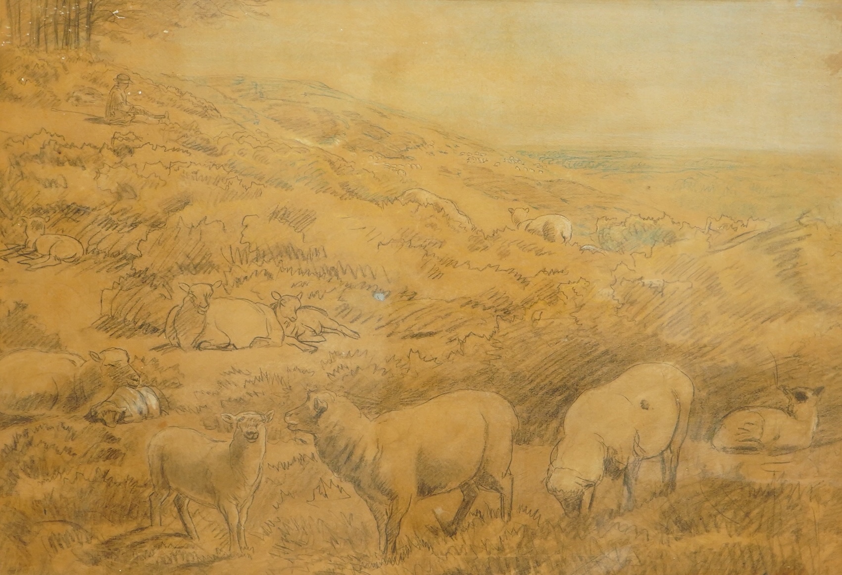 Late 19th century English School, Sheep grazing on a hillside, unsigned, mixed media and charcoal, 44 x 64cm
